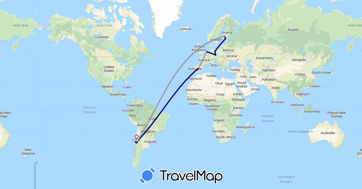 TravelMap itinerary: driving, plane in Chile, Czech Republic, Germany, Spain, Finland, Netherlands (Europe, South America)